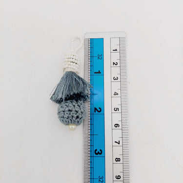 Grey Crochet Ball Tassels With White Pearls Beads, Tassel Charms, Nylon Tassels x 2